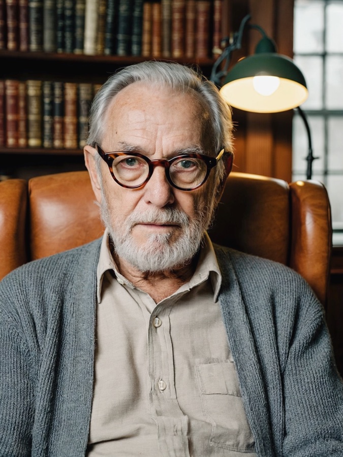 Dr. West — an older man with a white beard and horn-rimmed glasses, seated in a book-lined office